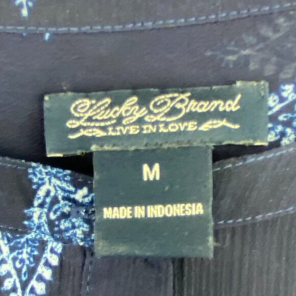 Lucky Brand Indigo Navy Blue Paisley Print BOHO LS Sheer Button Up Blouse Top, M - Picture 6 of 10